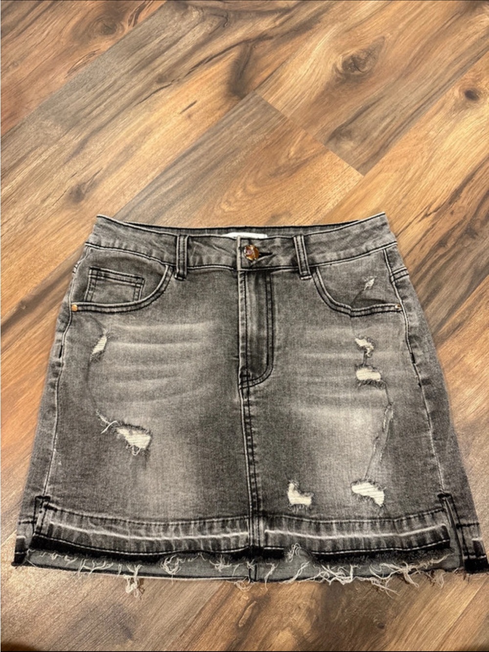Distressed Washed Gray Denim Mini Skirt
